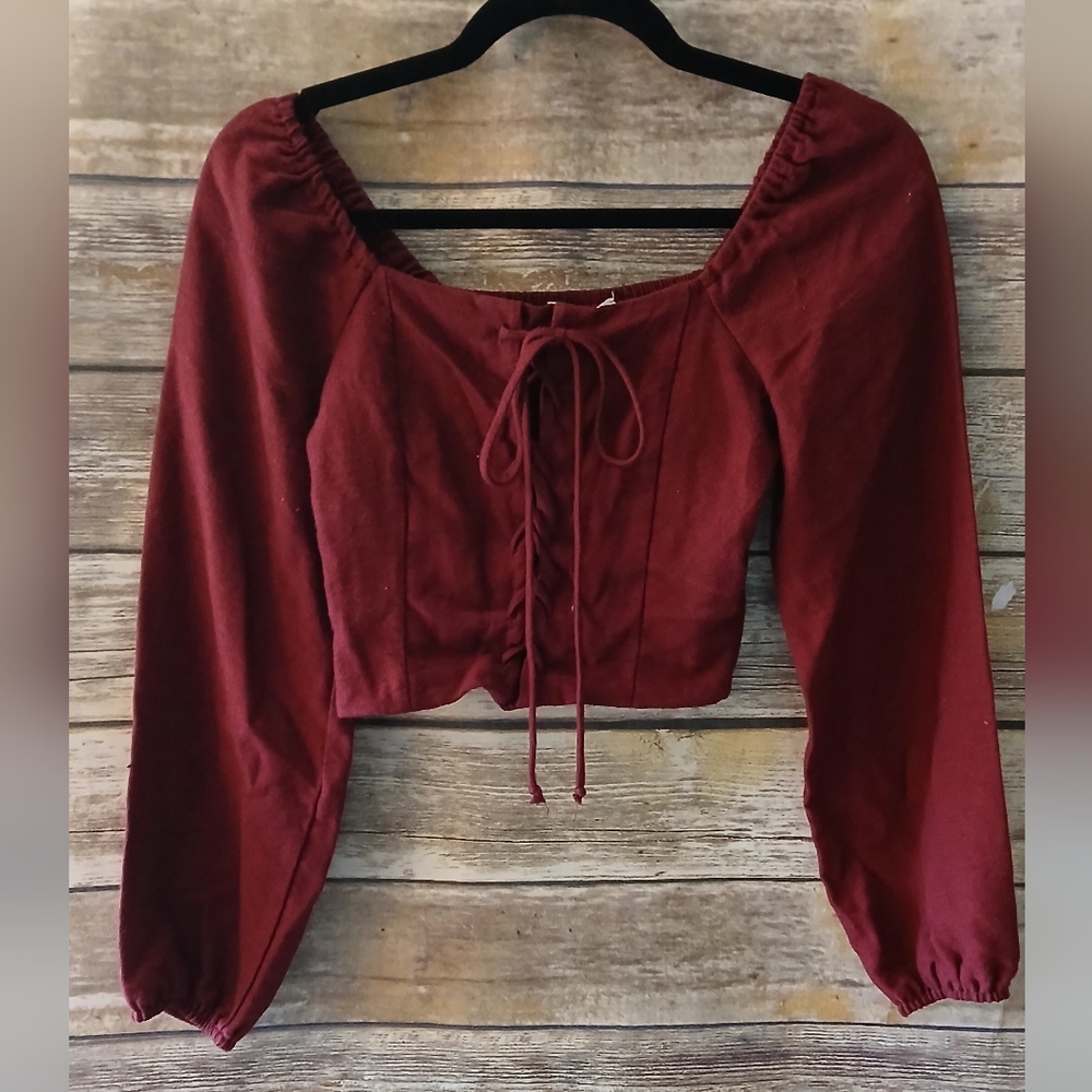 Chic Burgundy Long Sleeve, Lace Up, Off Shoulder